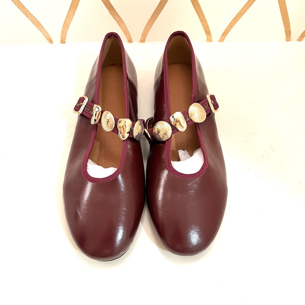 Burgundy Mary Jane Flats with Gold Accents